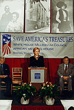 The First Lady speaks at the Museum of Afro American  History's African Meeting  House in Boston, Mass., the oldest standing  African American church in the United  States.  (12/5/98)
