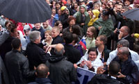 After his speech to thousands in Ljubljana's Congress Square, President Clinton shakes hands with the welcoming crowd.