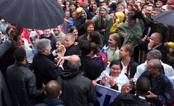 After his speech to thousands in Ljubljana's Congress Square, President Clinton shakes hands with the welcoming crowd.