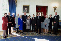 Descendants of President John Adams's family pose with President Clinton and President John Adams's portrayer beneath the portrait of President Adams in the Blue Room of the White House.  It was 200 years ago that President John Adams took up residence in the White House, the first President to do so.