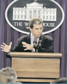 President Clinton's Press Secretary, Joe Lockhart, briefs the White House Press Corps.
