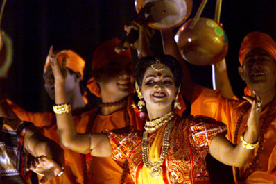 Traditional Dancers entertain at the official dinner held at the Bangabhawan, Bangladesh.