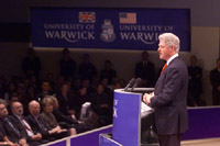 President Clinton addresses the audience at Warwick University.