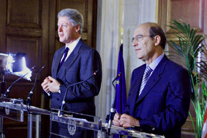 President Clinton and Greece's Prime Minister Simitis hold a joint press conference in the Central Hall of the Prime Minister's office.