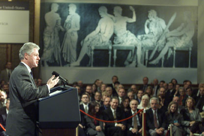President Clinton delivers a speech to the Greek community at the Intercontinental Hotel in Athens.