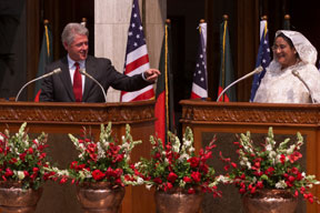 President Clinton and Prime Minister Sheikh Hasina make a joint statement to the press following their bilateral meeting, Prime Minister's office, Bangladesh.