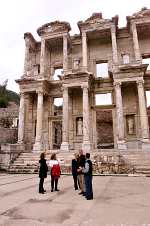 The First Family in front of the Celsus Library at Ephesus, built in A.D. 135.