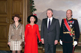 President Clinton with the royal family prior to an official lunch hosted by Norwegian King Harald V at the Royal Palace.
