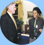In a rare moment in front of the camera, Sharon Farmer chats with the President.